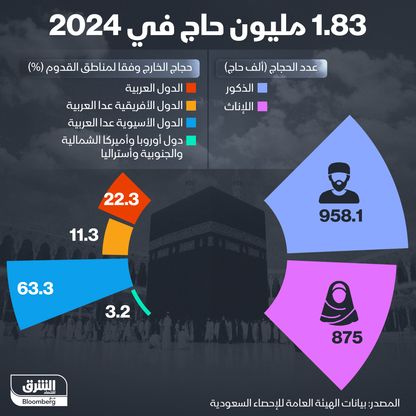 نحو 63% من حجاج الخارج في 2024 جاؤوا من الدول الآسيوية غير العربية - المصدر: الشرق