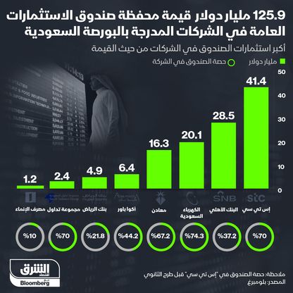 إنفوغراف.. توزيع محفظة صندوق الاستثمارات العامة بسوق الأسهم السعودية