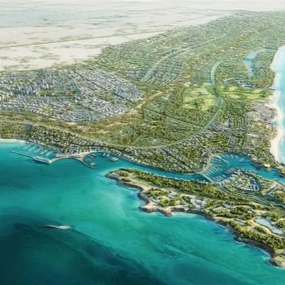 رسم توضيحي لمخطط مشروع "رأس الحكمة" يُظهر الامتداد العمراني على الساحل الشمالي الغربي لمصر والمرافق البحرية المقترحة. - الشرق