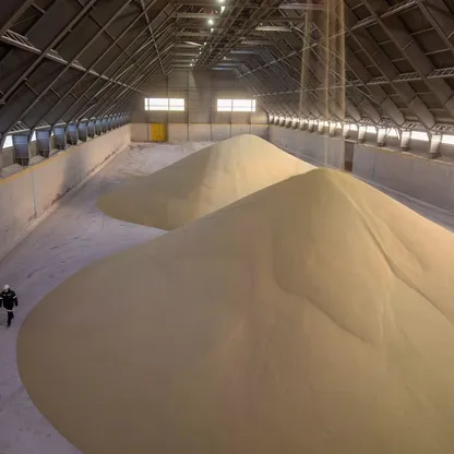 أكوام من حبوب أسمدة الفوسفات في أحد المستودعات داخل مصنع للأسمدة بمنطقة شيريبوفيتس في روسيا - المصدر: بلومبرغ