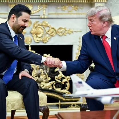 الرئيس الأميركي دونالد ترمب  ورئيس الوزراء العراقي علي الزيدي يتصافحان خلال اجتماع في المكتب البيضاوي بالبيت الأبيض في واشنطن بتاريخ 14 يوليو 2027. - بلومبرغ