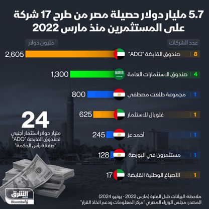 5.7 مليار دولار حصلتها مصر من برنامج الطروحات - المصدر: الشرق