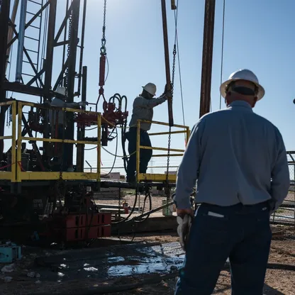 طاقم عمل في حقل نفطي يعملون على منصة خدمات في ميدلاند، بولاية تكساس، أميركا - بلومبرغ