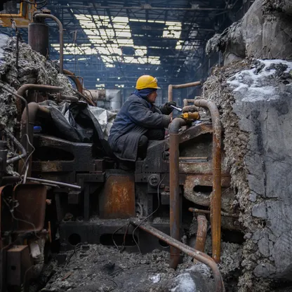 عامل في شركة "دي تي إي كيه" أثناء عمليات الإصلاح داخل محطة توليد الكهرباء بالطاقة الحرارية تضررت بسبب الهجمات الصاروخية الروسية على أوكرانيا بتاريخ 28 نوفمبر 2024 - بلومبرغ