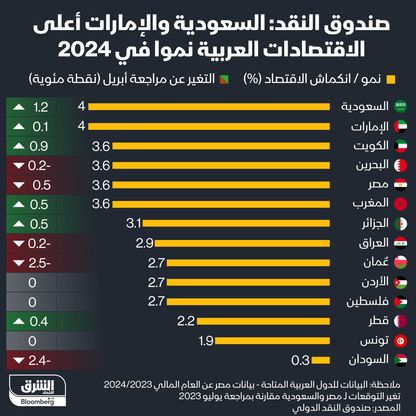 توقعات صندوق النقد الدولي لنمو اقتصادات الدول العربية في 2024 - المصدر: الشرق