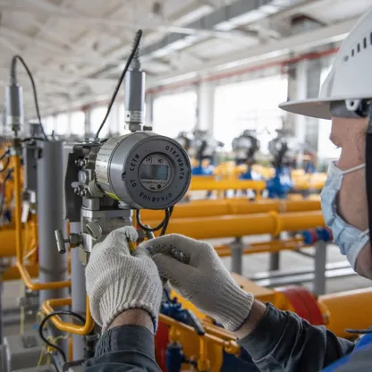 عامل يقوم بتركيب معدات جديدة لمراقبة تدفق الغاز داخل نقطة تجميع الغاز في منشأة تخزين الغاز تحت الأرض، التي تديرها شركة غازبروم، في كاسيموف، روسيا. - المصدر: بلومبرغ