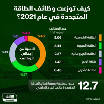 قطاعات الطاقة المتجددة الأكثر توظيفاً - المصدر: الشرق