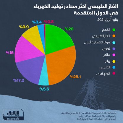 مصادر إنتاج الكهرباء في الدول المتقدمة - المصدر: الشرق