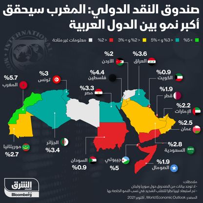 معدلات النمو التي يتوقعها صندوق النقد الدولي للدول العربية في 2021 - المصدر: الشرق