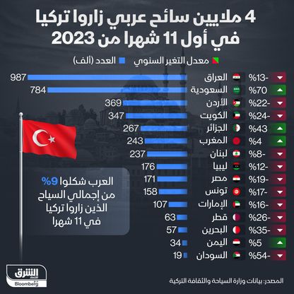 عدد السائحين العرب لتركيا منذ أول العام وحتى نهاية نوفمبر - المصدر: الشرق