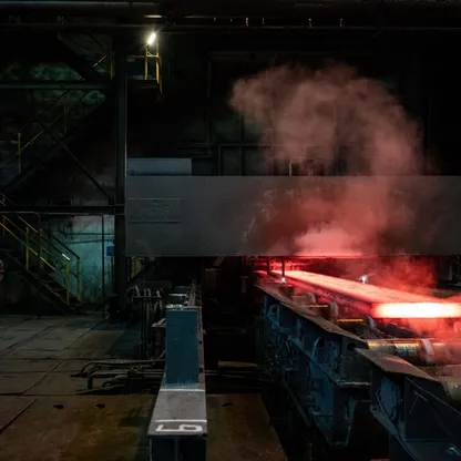 لوح صلب أحمر ساخن يتحرك عبر آلة درفلة أثناء الإنتاج في منشأة "ميتانفست لأعمال الحديد والصلب" في ماريوبول، أوكرانيا - المصدر: بلومبرغ