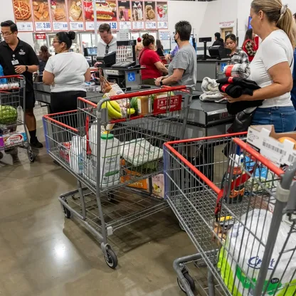 متسوقون ينتظرون في طابور لسداد ثمن مشترياتهم في متجر "كوستكو" في نابا، كاليفورنيا، الولايات المتحدة الأميركية - بلومبرغ