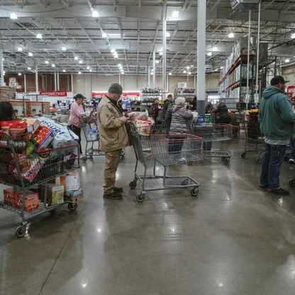 متسوقون يقفون في طابور انتظار قبل الدفع في متجر بقالة في لينيكسا، كانساس، الولايات المتحدة - Getty Images