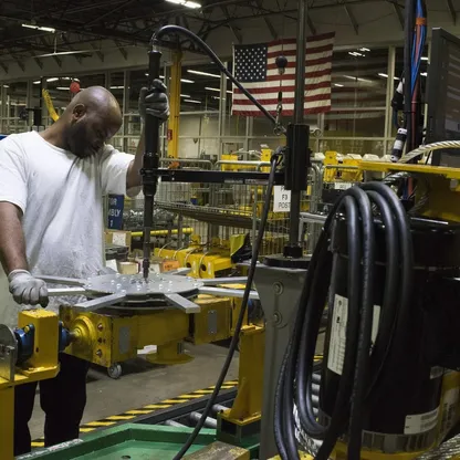 أحد العمال يقوم بتجميع مراوح صناعية في مصنع بمدينة ليكسينغتون بولاية كنتاكي. - بلومبرغ