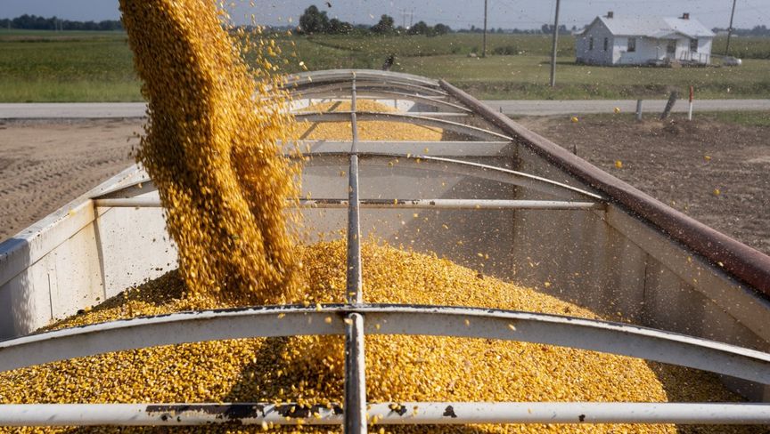 نقل الذرة إلى عربة الحبوب أثناء الحصاد في كروفوردسفيل، ولاية أركنساس الأميركية - بلومبرغ