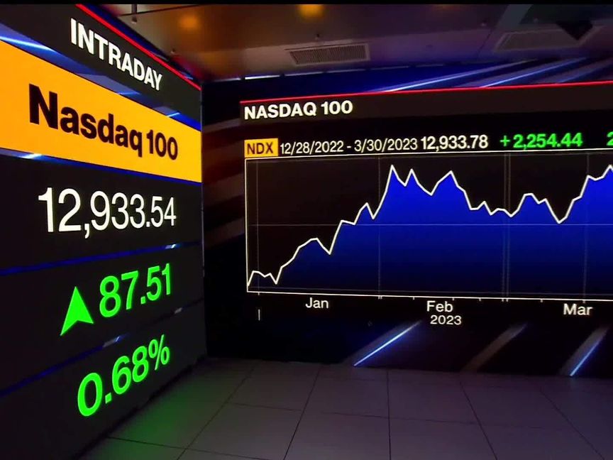 صورة لحركة مؤشر "ناسداك 100" مرتفعا بنسبة 1.9% يوم الأربعا 29 مارس 2023، عندما أنهى المؤشر الذي يعطي وزنا أعلى لأسهم التكنولوجيا التعاملات مرتفعا  20.3% فوق أدنى مستوى إغلاق له في ديسمب، وهي عتبة تعتبر بداية موجة صعودية جديدة. - المصدر: بلومبرغ