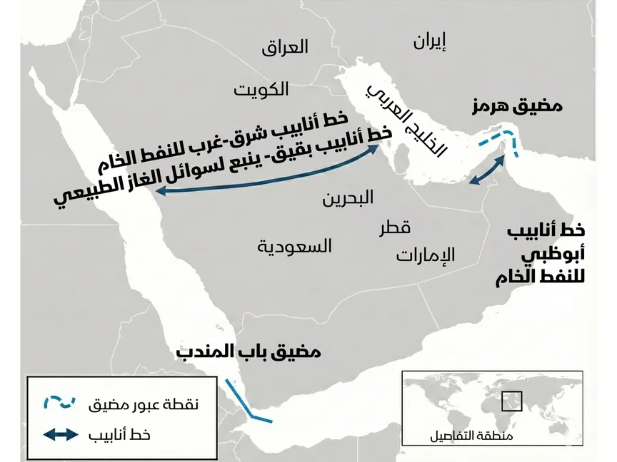 خريطة توضح موقع مضيق هرمز والدول وخطوط تصدير النفط المحيطة به. - بلومبرغ