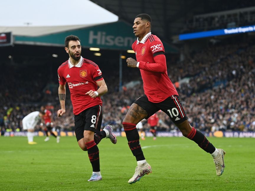 ماركوس راشفورد لاعب "مانشستر يونايتد" يحتفل بتسجيله الهدف الأول لفريقه في مرمى ليدز يونايتد على ملعب رود أيلاند في 12 فبراير 2023، ليدز، إنجلترا - المصدر: بلومبرغ