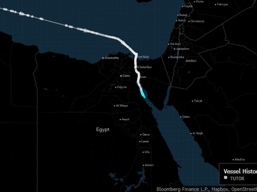 آخر إشارة ترسلها السفينة "توتور" قبل دخولها البحر الأحمر - المصدر: بلومبرغ