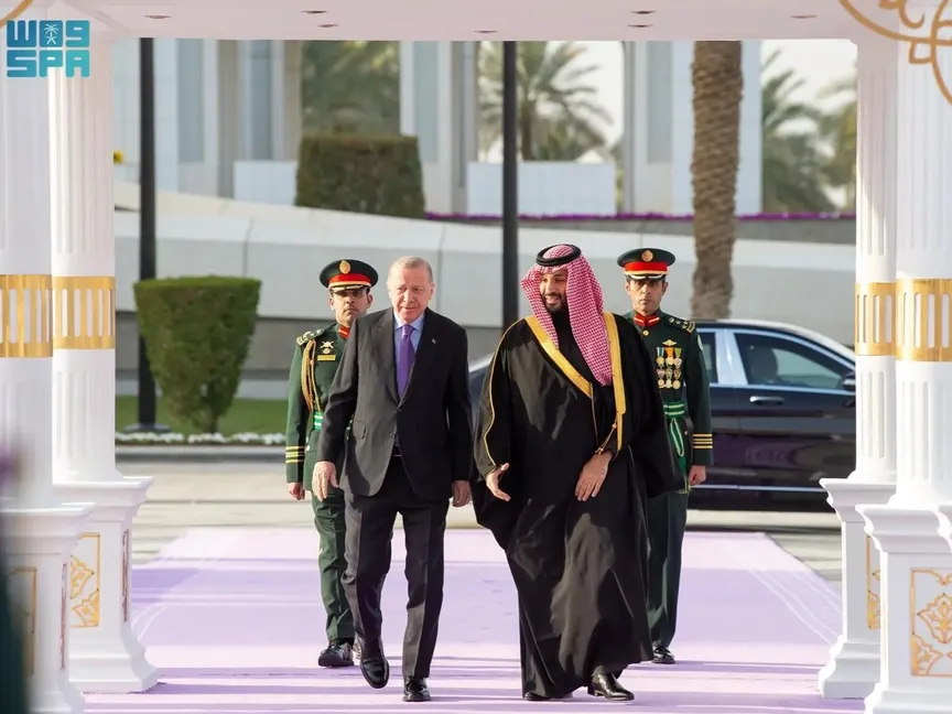 ولي العهد السعودي الأمير محمد بن سلمان مستقبلاً الرئيس التركي رجب طيب أردوغان في الرياض، 3 فبراير 2026 - وكالة الأنباء السعودية