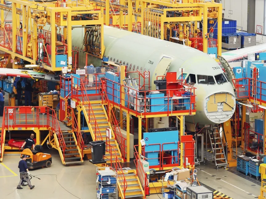 مراحل تجميع طائرة ركاب من طراز "إيرباص" "A320" داخل خط الإنتاج في منشأة الشركة بمدينة هامبورغ، ألمانيا، حيث يعمل الفنيون وسط معدات صناعية متقدمة ومنصات متعددة المستويات - بلومبرغ
