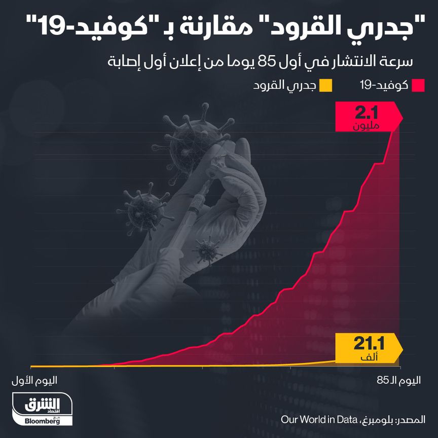  مقارنة بين "جدري القرود" و"كوفيد-19" - المصدر: بلومبرغ