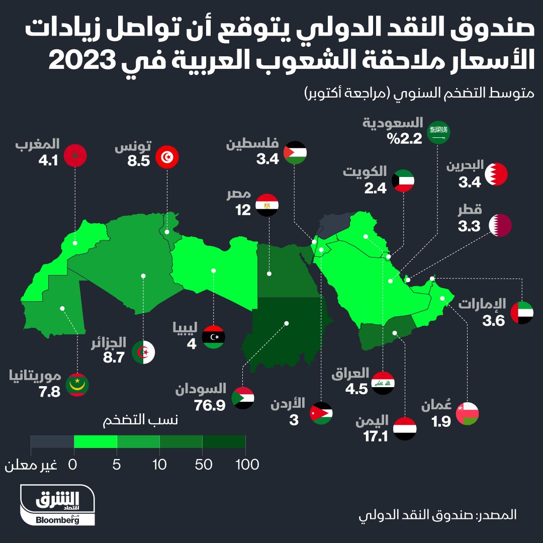 إنفوغراف.. النقد الدولي يتوقع تواصل زيادة الأسعار في الدول العربية
