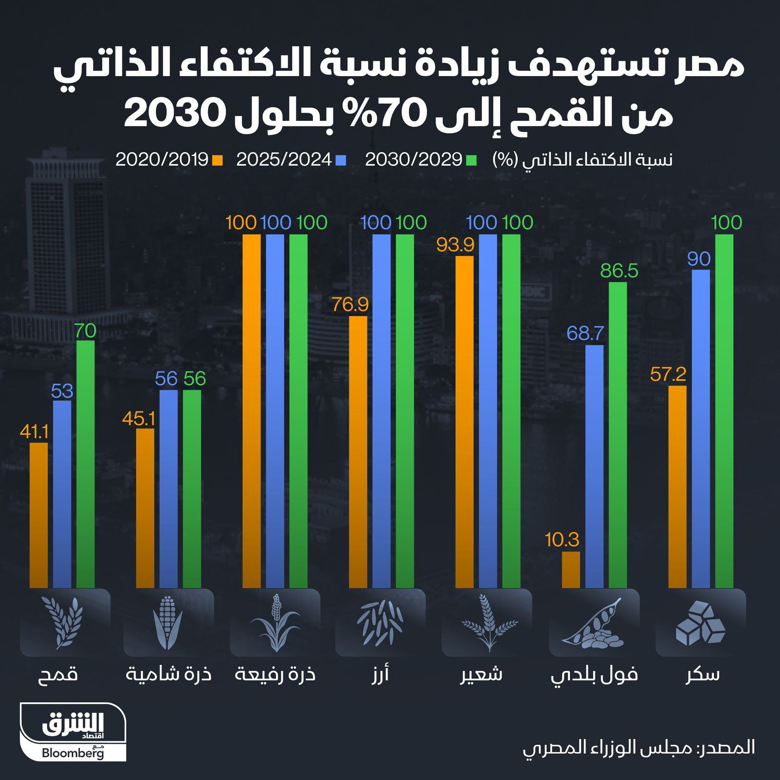 إنفوغراف: مصر تستهدف رفع اكتفائها الذاتي من القمح إلى 70% بحلول 2030