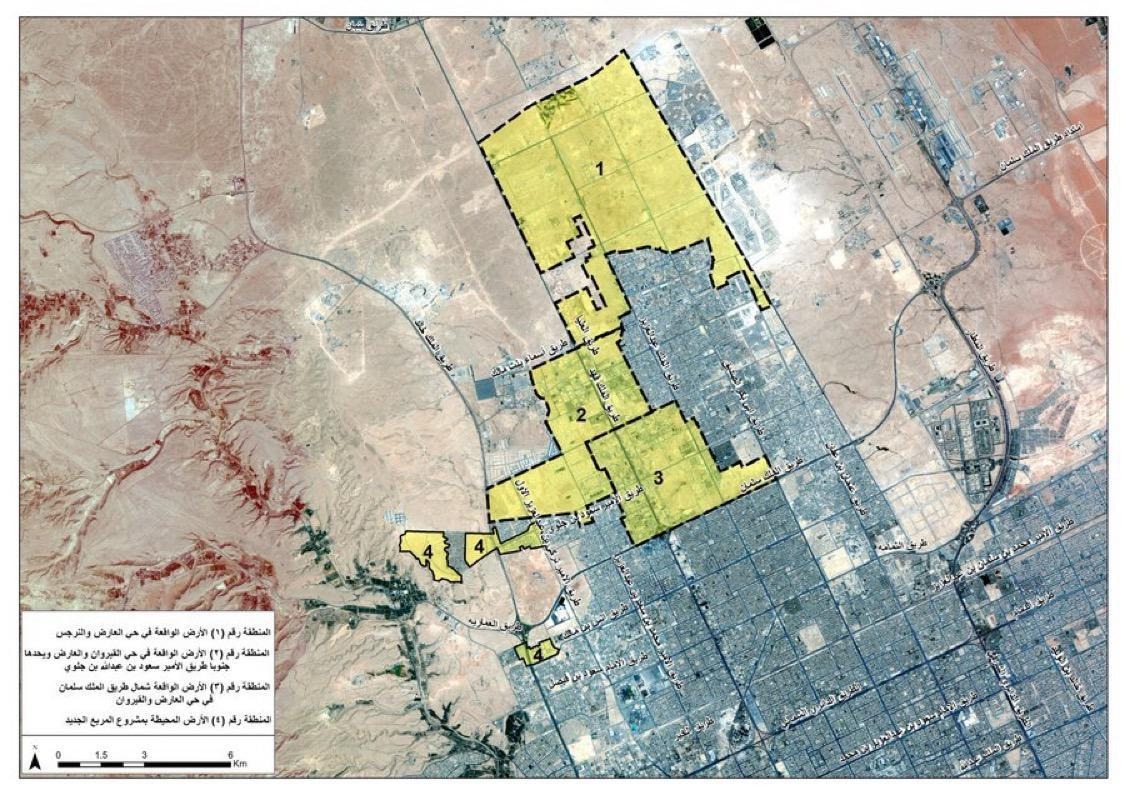خريطة توضح قطع الأراضي التي تم رفع الإيقاف عن التصرف بالبيع والشراء والتقسيم والتجزئة عنها في شمال مدينة الرياض، السعودية، المصدر: الهيئة الملكية لمدينة الرياض