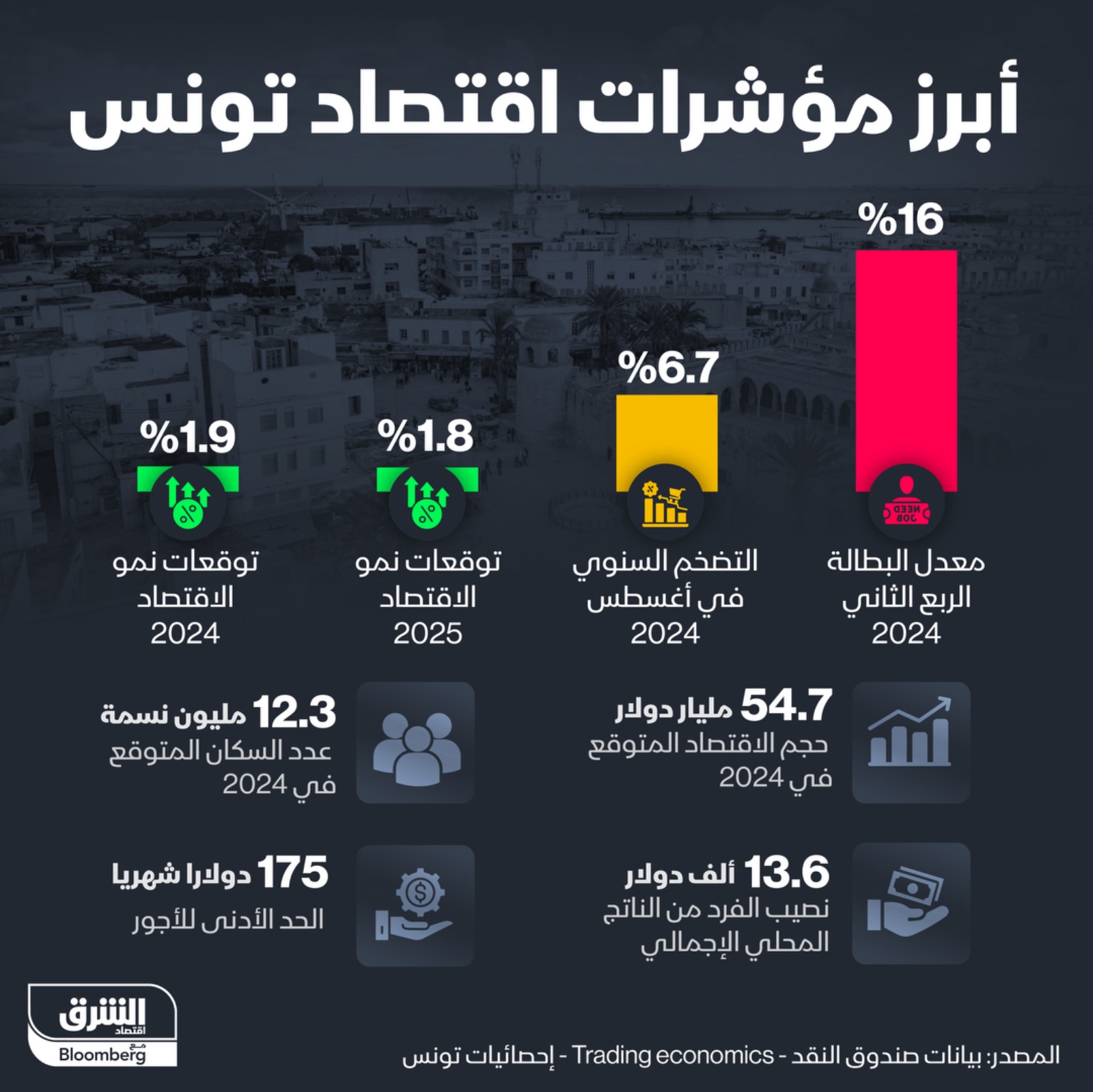 حجم الاقتصاد التونسي لعام 2024 يقدّر بنحو 54.7 مليار دولار