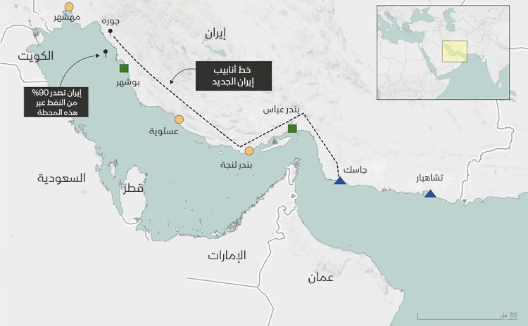 مسار أنبوب النفط الإيراني من منطقة غوره في غرب إيران إلى ميناء جاسك على بحر عُمان